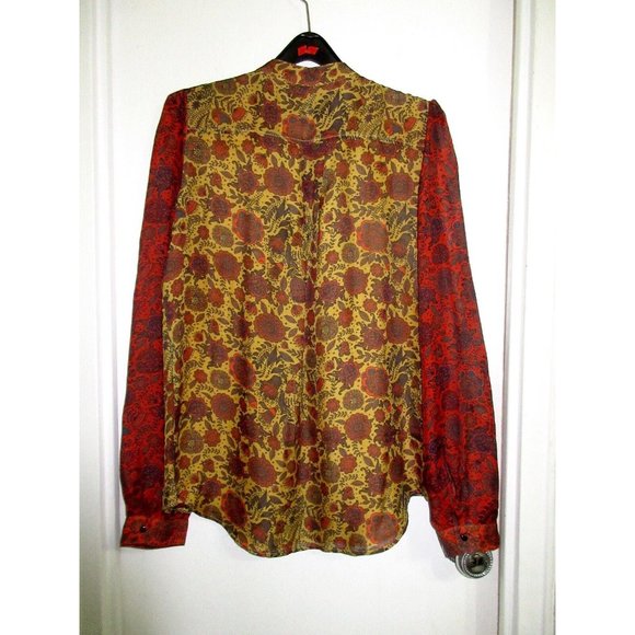 Hanley Mellon 100% Silk 6 Blouse Gold Multi Floral Boho Semi Sheer S Tunic Mint! - Picture 5 of 11